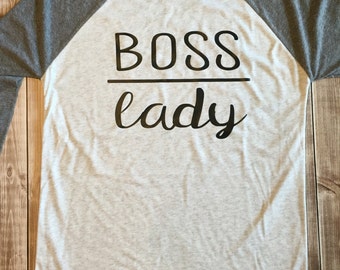 Boss Lady - Womans Raglan Tee - Mompreneur Baseball Shirt - Gray Baseball Sleeve - Vinyl Tee - Mini Boss - Mom and Daughter Shirts