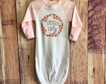 Little Lady Infant Gown / Pink and White Baby Girl Gown / Baby Girl Pajama Dress / Infant Girl Sleep Sack / Little Lady Floral Sleep Sack