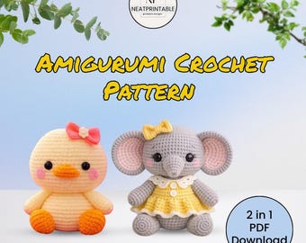 Kawaii Amigurumi Crochet Pattern Bundle PDF | Duck & Elephant Plush Toys | Easy Beginner Tutorial | Instant Download