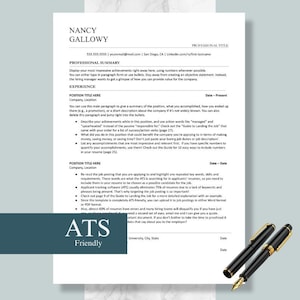 May include: A resume template with the name "Nancy Galloway" at the top, followed by sections for professional summary and experience. Two black pens are placed on the bottom right corner, and the text "ATS Friendly" is at the bottom left.