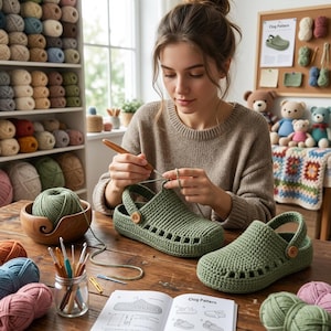 May include: A pair of sage green crocheted clogs with a heel strap and a small brown button on the side. The clogs are made from yarn and feature a series of rectangular cutouts along the sides. A crochet hook is being used to work on the footwear.