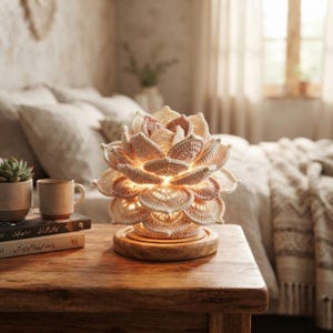 Op de afbeelding: Een gehaakte lotusbloemlamp met gelaagde crème en zachtroze bloemblaadjes, van binnenuit verlicht door een warm licht. De lamp is gemonteerd op een ronde houten voet en vormt een gloeiende, textuurrijke bloemstructuur met gedetailleerd haakwerk.