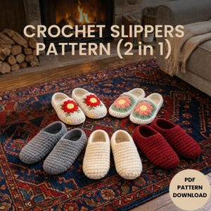 May include: A selection of crocheted slippers in shades of grey, cream, and red, displayed on a patterned rug. Some slippers are adorned with floral motifs. The image includes the text "CROCHET SLIPPERS PATTERN (2 in 1)" and "PDF PATTERN DOWNLOAD."