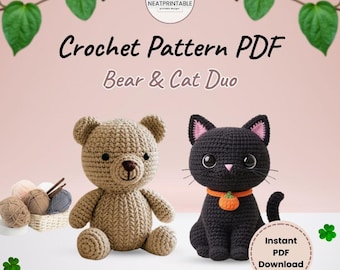 Bear & Cat Crochet Pattern Bundle PDF | Amigurumi Plush Toys | Easy Beginner Animal Crochet Tutorial | Instant Download