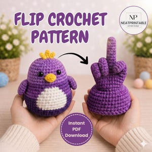 May include: Two crochet items: a purple penguin and a hand with the middle finger raised. The text reads "Flip Crochet Pattern" and "Instant PDF Download". The penguin is purple and white with a yellow beak and crown.