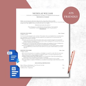 Puede incluir: Una plantilla de currículum vitae con el nombre "Nicholas William" en la parte superior. El documento incluye secciones para un resumen profesional, experiencia y educación. Un círculo rosa con "ATS FRIENDLY" está en la esquina superior derecha. Dos iconos, un DOC y una W, están en la parte inferior izquierda.