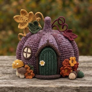May include: A crocheted pumpkin house in shades of purple, featuring a dark green arched door with a small white flower knob, a circular window, and decorative accents including yellow and brown leaves, orange flowers, and small mushrooms.