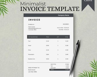 Bearbeitbare minimalistische Rechnungsvorlage für Kunden | Canva Rechnung | PDF zum selbst ausdrucken für kleine Unternehmen