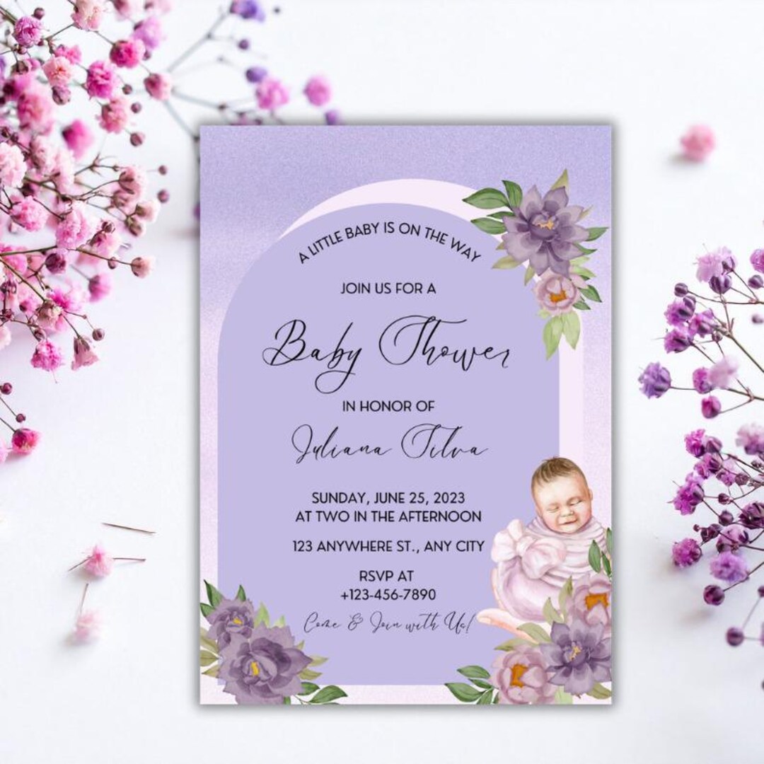 Lilac Floral Baby Shower Invitation | Editable Canva Template | Purple ...