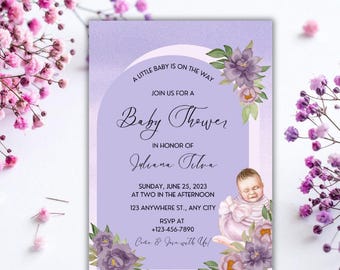 Babypartyeinladung mit Blumenmuster Bearbeitbare Canva Vorlage | Lila Babyparty einladen | Druckbare digitale Datei