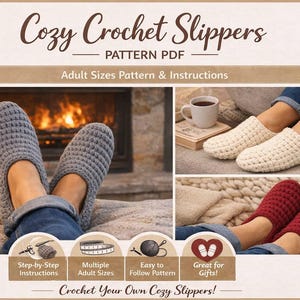 Puede incluir: Imagen de un PDF de patrón de ganchillo para zapatillas de adulto. La imagen muestra ejemplos de zapatillas terminadas en gris, crema y rojo. El texto en la imagen incluye "Cozy Crochet Slippers" y "Crochet Your Own Cozy Slippers!"