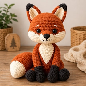 Può includere: Un peluche a forma di volpe realizzato all'uncinetto a mano, con corpo arancione vivace, petto e muso color crema, zampe nere e orecchie con punte nere. La volpe presenta grandi occhi scuri e rotondi, naso e bocca ricamati e una coda folta.