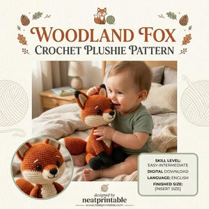 Pode incluir: Um padrão de crochê digital intitulado Woodland Fox Crochet Plushie Pattern. O design apresenta uma pelúcia de raposa feita à mão em laranja, branco e preto com olhos escuros e nariz bordado. O texto inclui nível de habilidade e download.
