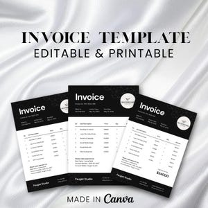 May include: Three black and white invoice templates with the text "Invoice" and "Invoice Template Editable & Printable". The invoices have a geometric design and include the text "Made in Canva".