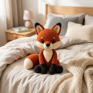 May include: A crocheted fox soft toy featuring a rust-orange body, a cream-coloured chest and muzzle, black paws, and black-tipped ears. The fox has large dark eyes, a small stitched nose, and a bushy tail with a cream-coloured tip.
