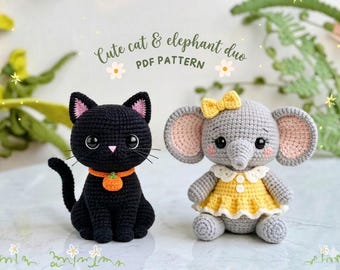 Black Cat & Elephant Crochet Pattern PDF | Cute Amigurumi Plush Bundle | Easy Animal Toy Tutorial, Instant Download