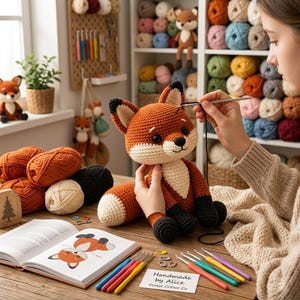 Puede incluir: Un peluche de zorro tejido a ganchillo con hilo naranja, blanco y negro, con una cola tupida y detalles faciales cosidos. El zorro se está confeccionando con un ganchillo de metal e hilo negro, junto a un libro de patrones y ganchillos de colores.
