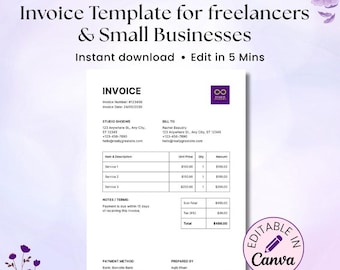 Freelancer Rechnungsvorlage Canva | Bearbeitbare Rechnung für kleine Unternehmen | Einfach Professionelles Sofort PDF