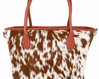 Natural Tan White Cowhide Tote Bag | Leather Hair-On Hide Western Shoulder Purse