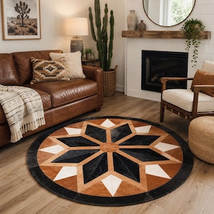 Handgefertigter Patchwork-Teppich aus Kuhfell mit geometrischem Sternenmuster | Naturfellteppich für Wohn- und Schlafzimmer | Rustikale Wohndekoration im Westernstil