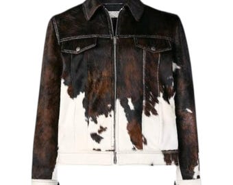 Cowhide Cropped Jacket: Brown and White Genuine Leather, Western Moto Style