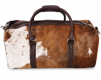 Handmade Cowhide Leather Duffle Bag |  Western Style Weekender Traveler Bags | Hair On Hide Luxury Luggage