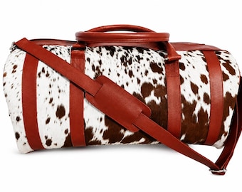 Handmade Tan and White Cowhide Duffle Bag | Real Leather 22" Western Style Traveler Weekender Bags | Hair On Hide Luxury Luggage