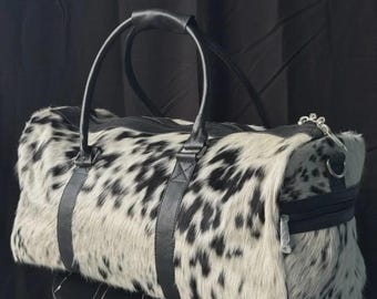 Handmade Cowhide Duffle Bag, leather travel bag, hair on hide duffels