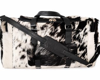 Handmade Black and White Cowhide Duffle Bag |  Genuine Leather  Weekender Bags | Hair On Hide Western Style Traveler Gift For Him