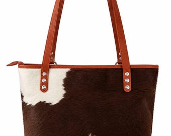Genuine Cowhide hair on Tote Bag, Leather Handbag, Spacious Shoulder Purse