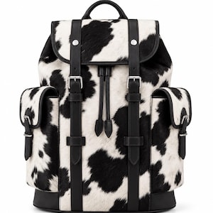 Puede incluir: Una mochila con estampado de manchas de vaca en blanco y negro y acabado texturizado de pelo. La bolsa incluye correas de cuero negro, hebillas de metal plateado, un cierre de cordón y dos bolsillos laterales con solapas y hebillas.