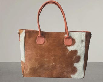 Handcrafted Genuine Cowhide Tote Bag | Hair on Leather Shoulder Purse | Unique Gift For Her