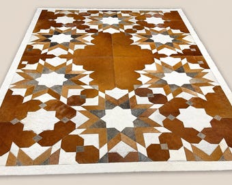 Tapis en cuir véritable, tapis en cuir fait main, motif géométrique étoilé marron et blanc, tapis rustique western