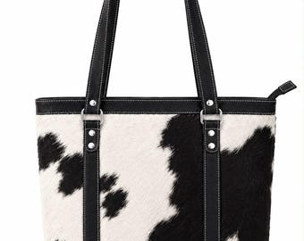 Genuine Cowhide hair on Tote Bag, Leather Handbag, Spacious Shoulder Purse