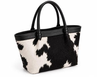 Genuine Cowhide Tote Bag | Black & White Hair on hide Leather Handbag | Shoulder Bag