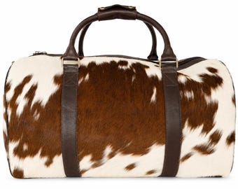 Genuine Brown White Cowhide Duffle Bag | Handmade Natural Hair On Hide 22" Leather Weekender Bags | Western Style Traveler Gift For Him