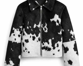 Cowhide Cropped Jacket: Black and White Genuine Leather, Western Moto Style