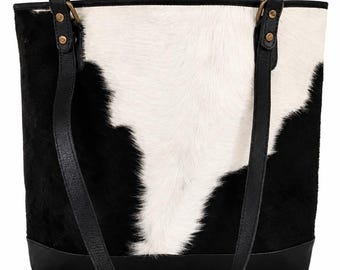 Black White Cowhide Tote Bag | Genuine Leather Hair On Hide Western Shoulder Purse