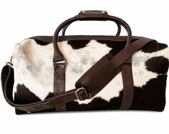 Handmade Cowhide Leather Travel Duffle Bag | Natural Hair On Hide Western Style 22" Weekender Luggage | Unique Gift For Birthday