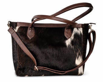 Dark Brown Handmade Cowhide Tote Bag | Genuine Leather Hair On Hide Western Style Shoulder Purse Gift For Her