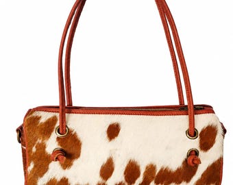 Handmade Tan White Cowhide Ladies Clutch Purse | Natural Hair-On Hide Western Style Women's Handbag | Personalized Shoulder Bag Gift For Her