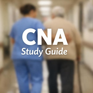 Può includere: Un operatore sanitario assiste una persona anziana che cammina in un corridoio. Il testo bianco "CNA Study Guide" è sovrapposto all'immagine, suggerendo materiale didattico per gli assistenti infermieristici.