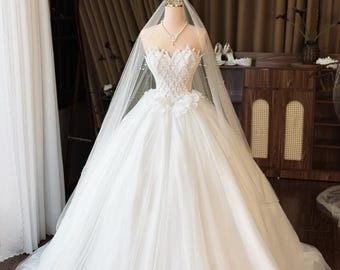 Strapless Ball Gown Wedding Dress, Beaded Corset, 3D Flower Accents, Tulle Bridal Gown
