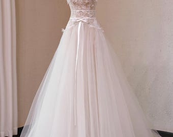 Whimsical Lace Tulle Wedding Dress, Fairycore Bridal Gown, Romantic A-Line Wedding Dress with Bows