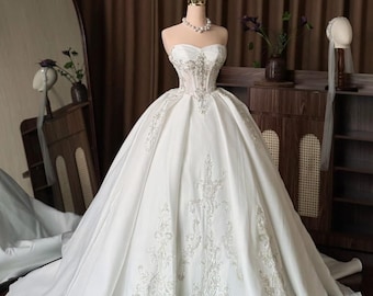Satin Ball Gown Wedding Dress, Strapless Crystal Embroidery Bridal Gown