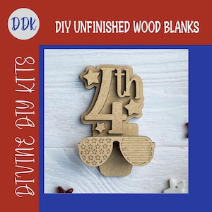 May include: Unfinished wooden DIY kit featuring the number "4th" with star accents and sunglasses with star-shaped lenses. The text "DIY UNFINISHED WOOD BLANKS" and "DIVINE DIY KITS" are also visible.