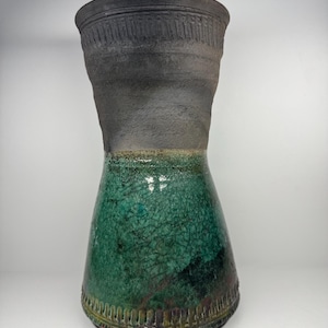 Vintage 9" Raku Turquoise Glazed Vase Signed Fitzgerald