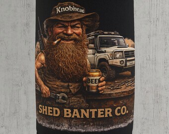 Black Bearded Mechanic Can Koozie: Off-Road Beer Drink Holder