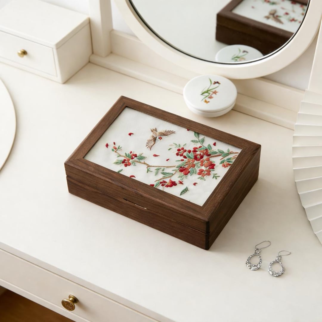 Embroidered Jewelry Box,Ring Box Organizer,Walnut Wood Jewelry,Cottagecore Jewelry Box,Wooden Memory Box,Bridal Shower Gift,Gift for Her - Style 1, Engraving required