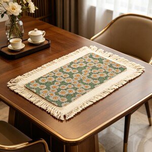 Juego de manteles individuales florales con flecos, decoración de mesa estilo casa de campo, manteles individuales de comedor estilo boho, manteles individuales rectangulares de tela, decoración de cocina estilo casa de campo, regalo para ella.